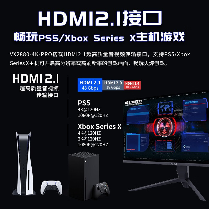 优派28英寸高端电竞显示器，4K分辨率+反向充电+HDMI2.1接口，各种游戏和创作推荐