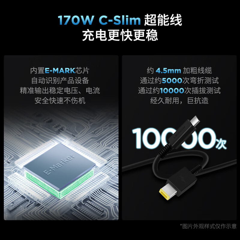 联想拯救者C170w，315克重量，170W氮化镓适配器