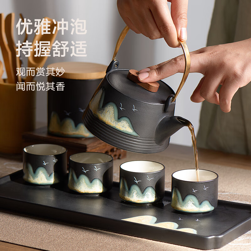 京造手绘釉上彩茶具套装，功夫茶具7件套