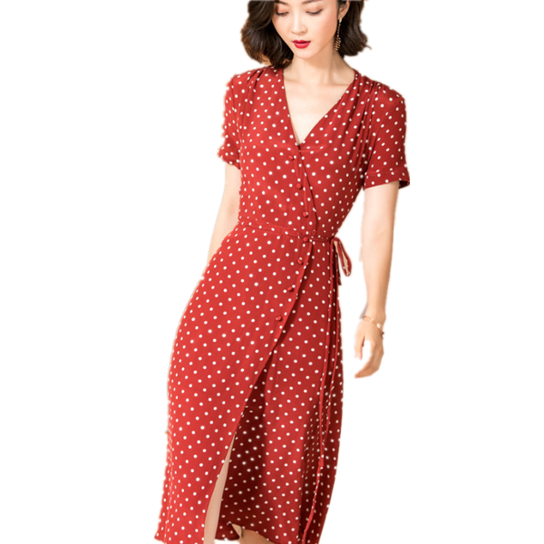 米思阳 优雅复古红色波点收腰显瘦连衣裙