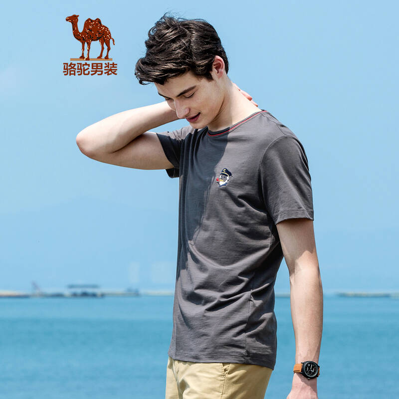 骆驼时尚纯色绣标T恤衫
