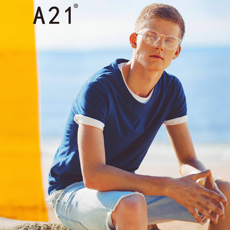 A21修身圆领纯色棉短袖T恤图片