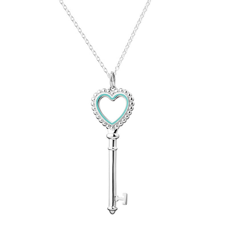 蒂芙尼珐琅面珠心形钥匙银吊坠项链
