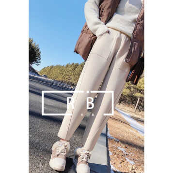 冬季新款韩版宽松萝卜裤毛呢休闲裤女高腰九分哈伦裤子加厚潮 米白色