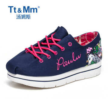 tt&mm/汤姆斯松糕厚底鞋女春季2017新款 韩版系带帆布鞋女鞋布鞋 蓝红
