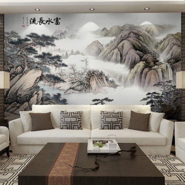 六纹鱼 中式影视墙布电视背景墙壁布客厅风景3d立体山水画壁纸流水生