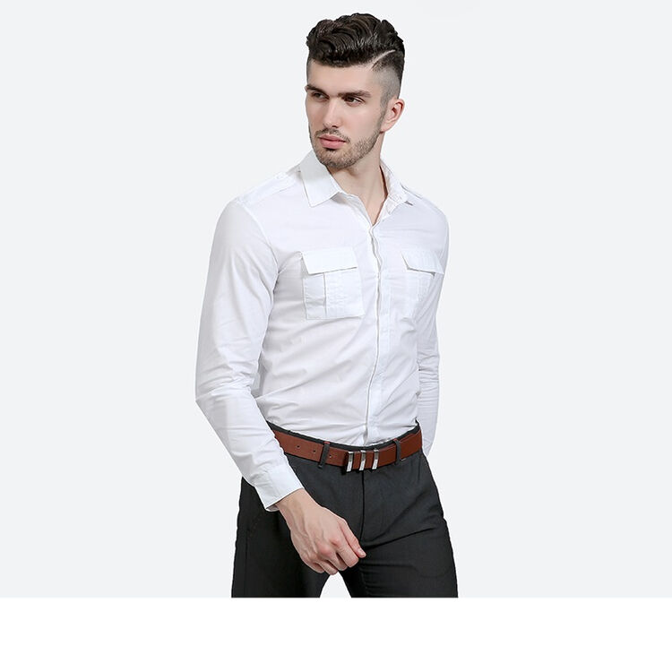 富贵鸟衬衫男2018春装外模实拍时尚肩部双袢纯色商务衬衣胸前双口袋