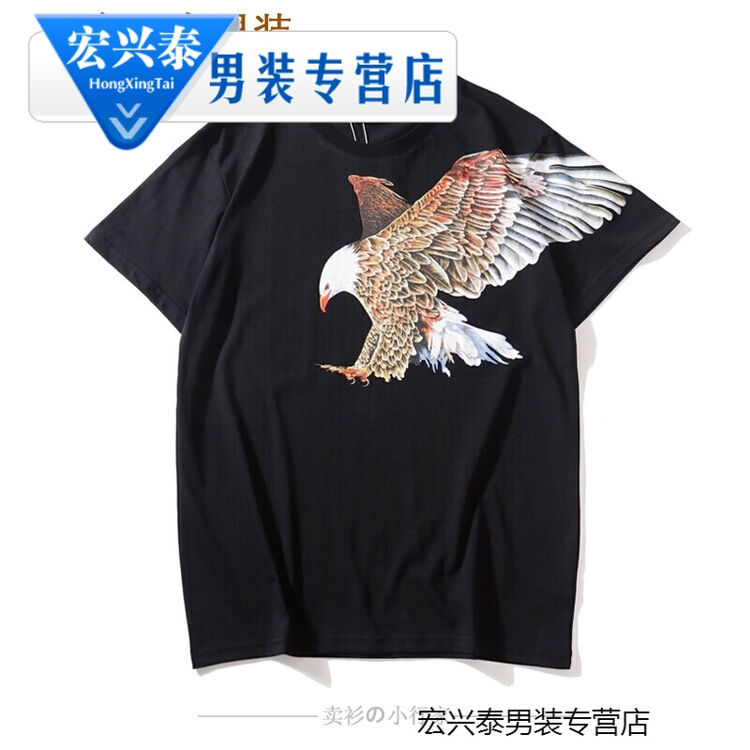 宏兴泰2018新春夏装欧美潮牌3d老鹰棉质上衣服宽松男女情侣装3d图案