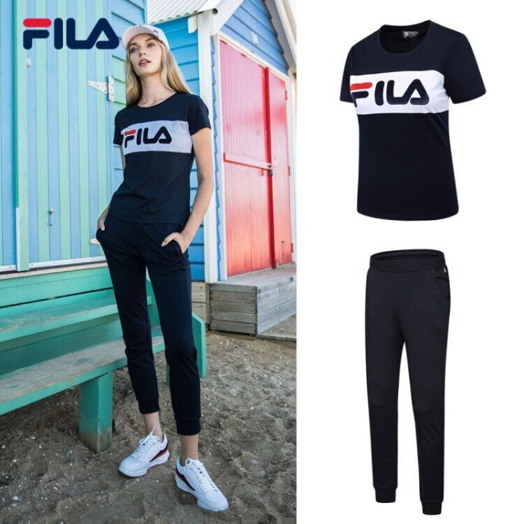 fila(斐乐)女运动套装2018夏季新款优雅简约短t休闲长裤女 f11w828107