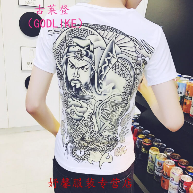 古莱登网红同款夏季3d图案t恤关公刺青纹身半袖t恤衣服男精神小伙短袖