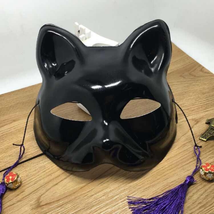 精美黑色半脸狐狸面具和风手绘和服配饰日本狐面狐妖猫咪cosplay 黑猫