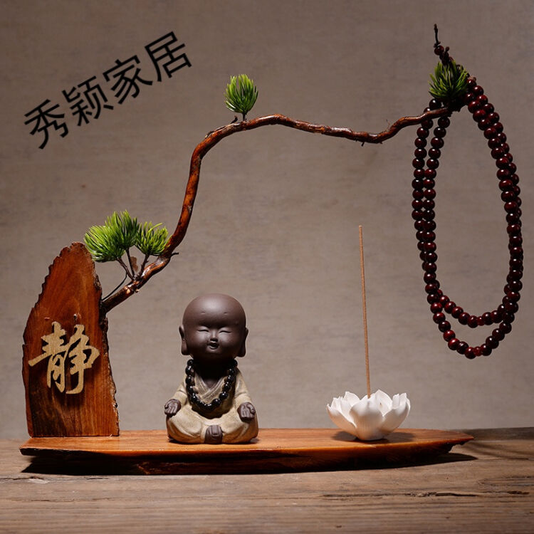创意摆件禅意小和尚 家居装饰工艺品 静字底座 淡定小