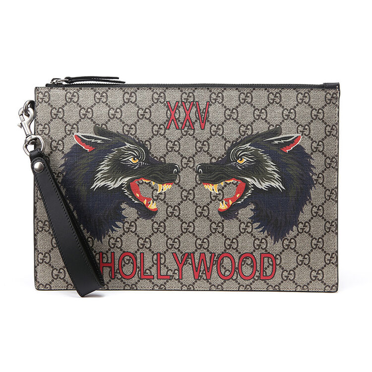 gucci 古驰 乌木色人造帆布狼头男士手拿包 473904 9hubn 8697