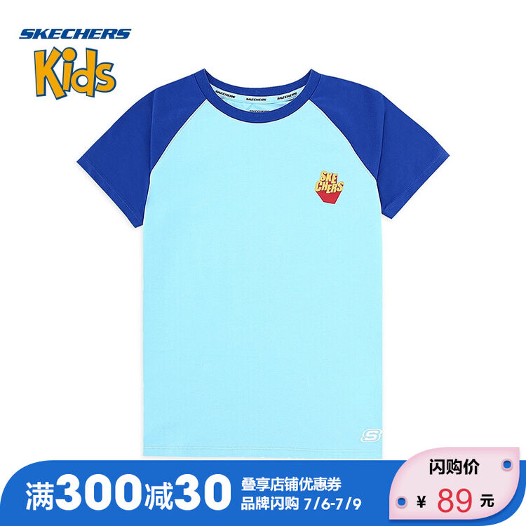 skechers斯凯奇男童装新款插肩圆领短袖 撞色印花t恤衫 sdabu18z083