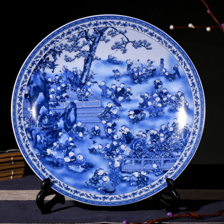 景德镇陶瓷器 青花瓷盘子摆件 山水牡丹瓷盘画看盘艺术品装饰仿古