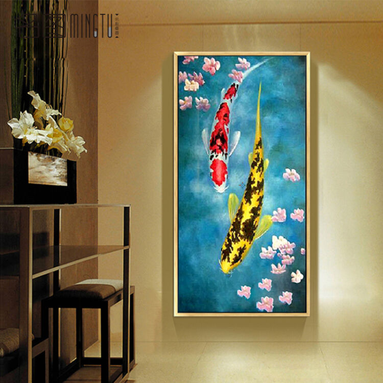 名图 纯手绘鲤鱼油画年年有余客厅玄关挂画装饰画竖版