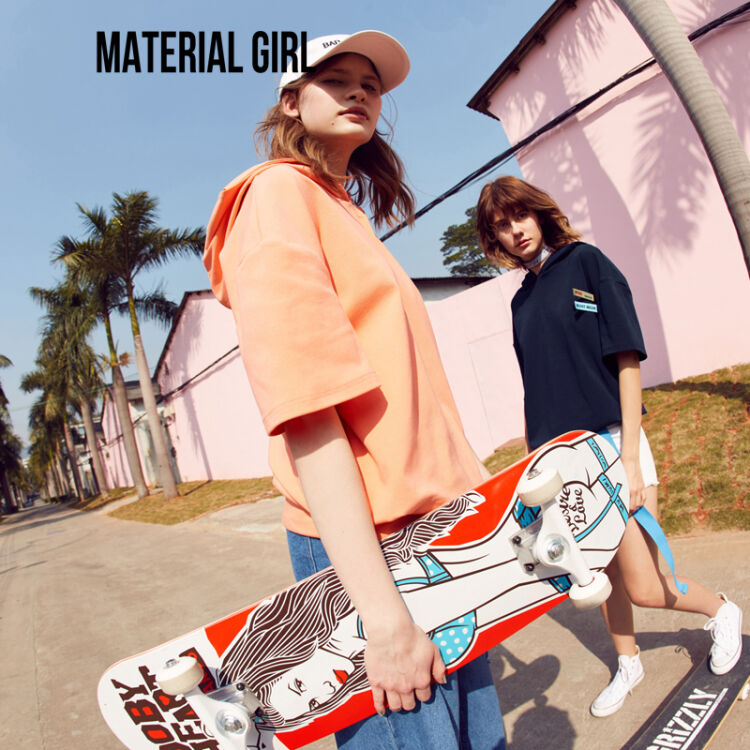 materialgirl2017新款女装带帽t恤短袖纯色宽松连帽卫衣 蓝色 l/165