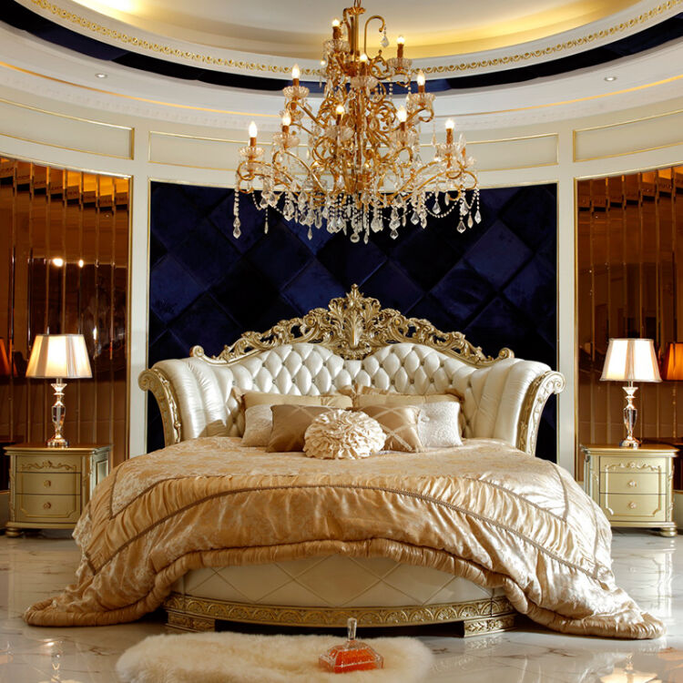 羽居家具 欧式床 欧式实木真皮床 大户型卧室圆床 美式古典雕花皮床