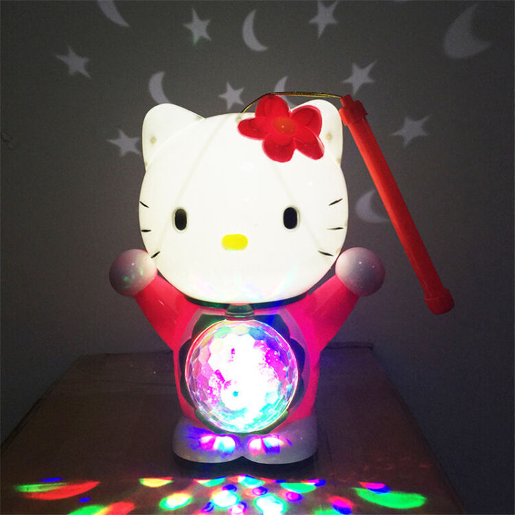 元宵节新年儿童手提电动小灯笼 卡通kitty猫发光音乐走马塑料灯笼