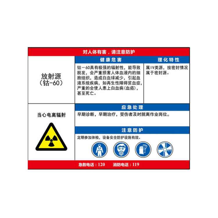 安赛瑞 14628 职业病危害告知卡(放射源 钴-60)abs塑料板 600*450mm