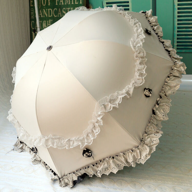 太阳伞女防晒公主伞韩国创意蕾丝两用睛雨伞三折叠遮阳伞 米白色