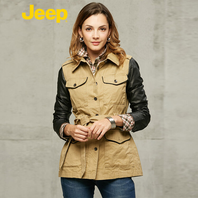 jeep/吉普女装 假两件套秋冬款外套pu袖子翻领修身淑女单夹克 黄色r4