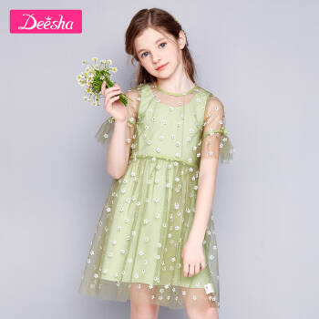 笛莎（DEESHA）中大童立体小花两件套连衣裙夏季女童连衣裙牛油果绿120