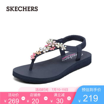 Skechers斯凯奇2020春夏新款度假仙女风亮片装饰时尚夹趾凉拖鞋女32922 海军蓝色/多彩色/NVMT 38,降价幅度22.9%