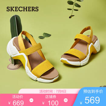 Skechers斯凯奇设计师款时尚一字带厚底老爹鞋女士露趾凉鞋133011 黄色/白色/YLW 38