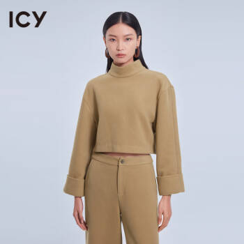 icy2021冬季新款时尚通勤简约风圆高领卷袖短款小衫女 卡其色 S
