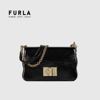 芙拉furla21ss春夏奢侈品1927系列女士黑色迷你号亮面漆皮单肩斜挎包