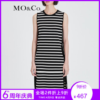 MOCO圆领条纹无袖复古开衩绳带连衣长裙女MA172DRS306 moco 黑白条色 M