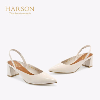 哈森 2019年夏季后空包头纯色尖头粗跟松紧带浅口凉鞋女HM92406 米杏色 36,降价幅度20%