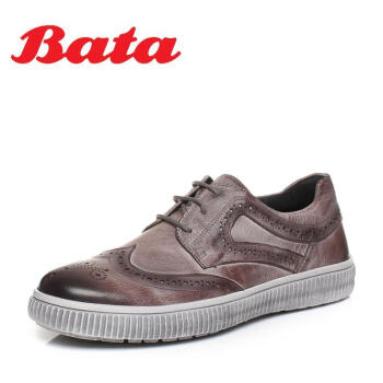 Bata/拔佳秋专柜同款时尚雕花圆头平跟系带牛皮男休闲单鞋82P26CM7 浅灰 43,降价幅度29.9%