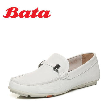 Bata/拔佳2018春专柜同款圆头平跟套脚乐福鞋牛皮男单鞋A8S30AM8 白色 41