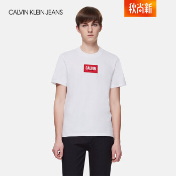 CK JEANS/CK 2018春季新款 男士简约圆领纯棉短袖T恤 4ASKQL 112-白色 S,降价幅度50%