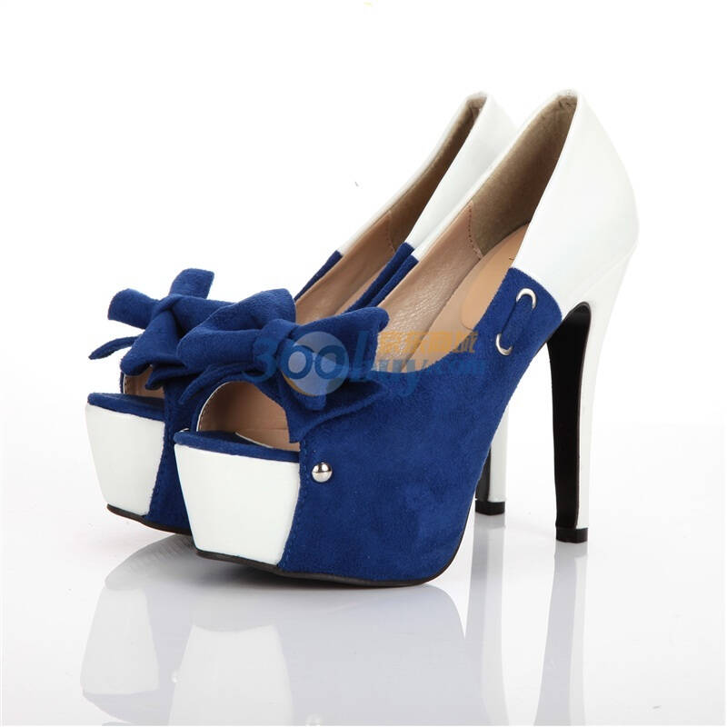 bqueen 新款 蝴蝶结绒面漆皮细跟高跟鞋单鞋 鱼嘴女凉鞋bq046 蓝色 39