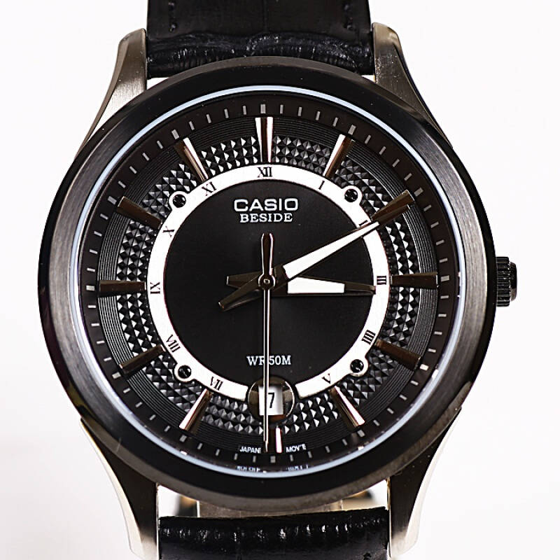 casio 卡西欧 beside系列炫黑简约指针皮带石英男表 bem-119bl-1a