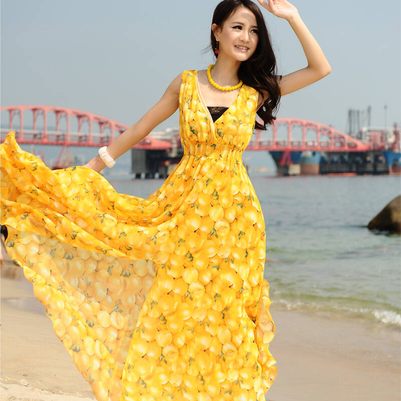 谜秀2015夏女装波西米亚无袖修身沙滩海边度假裙长裙子雪纺连衣裙9008