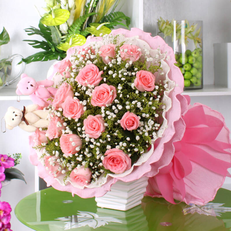 中礼19枝粉玫瑰花束 生日鲜花zlxh5020 粉色款式