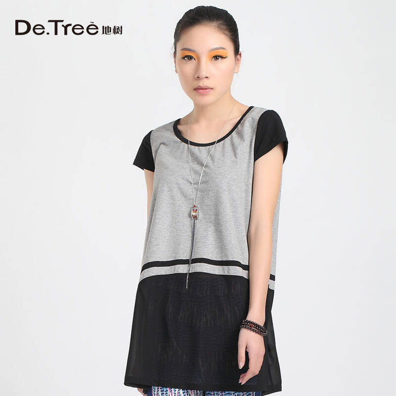 detree地树 2014新款女装不规则裁剪雪纺拼接韩版短袖