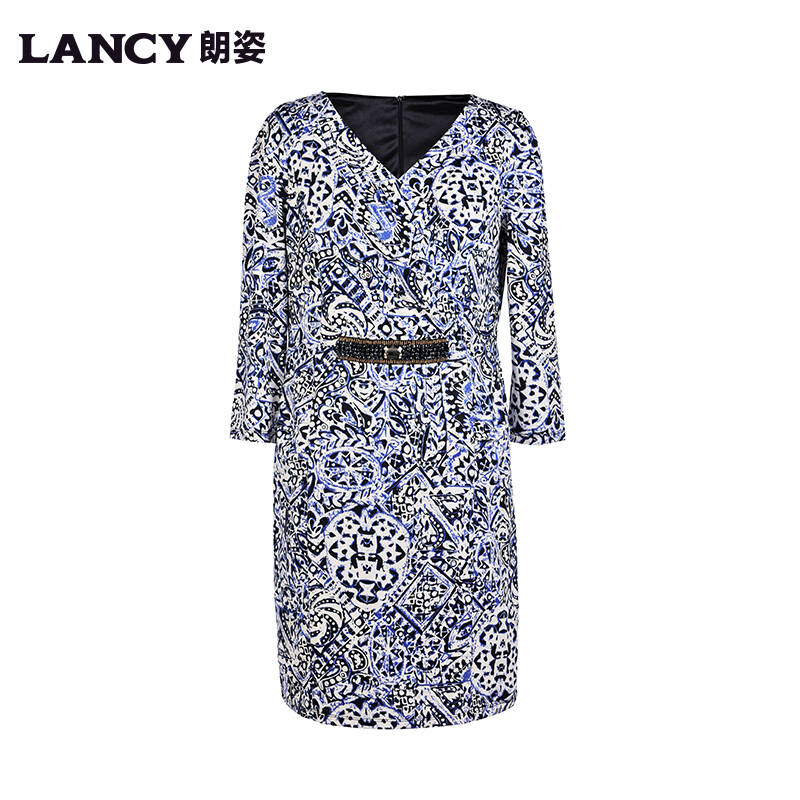 lancy朗姿专柜正品2014新品v领青花瓷印花时尚连衣裙alc131jop038