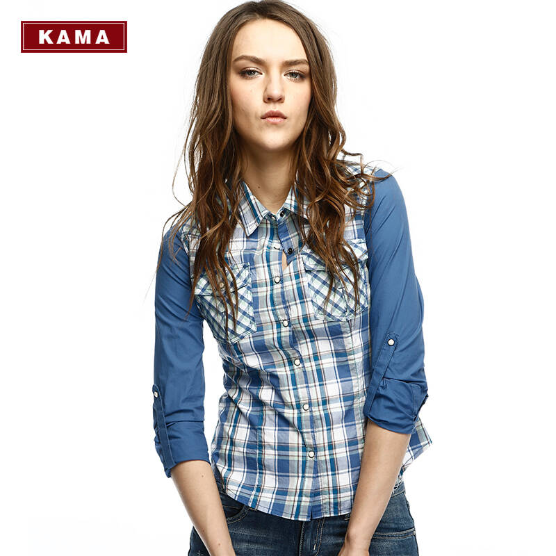 卡玛kama 女装百搭长袖格子拼接休闲衬衫 7114872 蓝色 xl(170/92a)