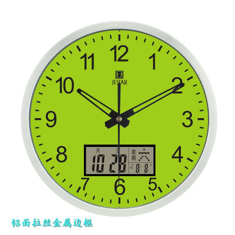 lcd日期时尚创意客厅超静音星期时钟表简约钟 12英寸-绿面-铝面拉丝框