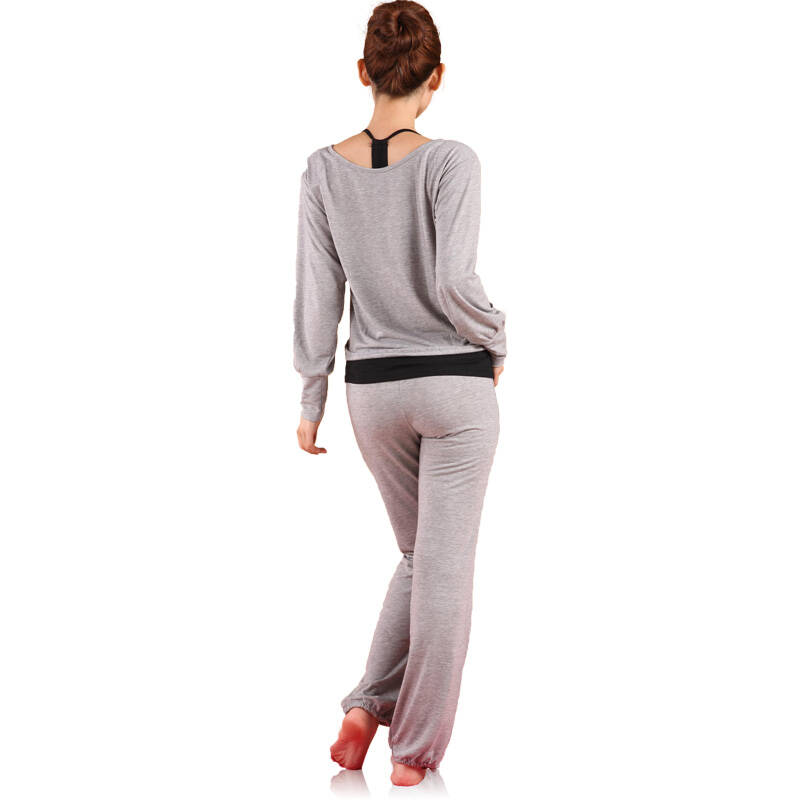 新款莫代尔女长袖瑜伽服套装 舞蹈运动健身瑜珈服a060 浅灰色 黑背心