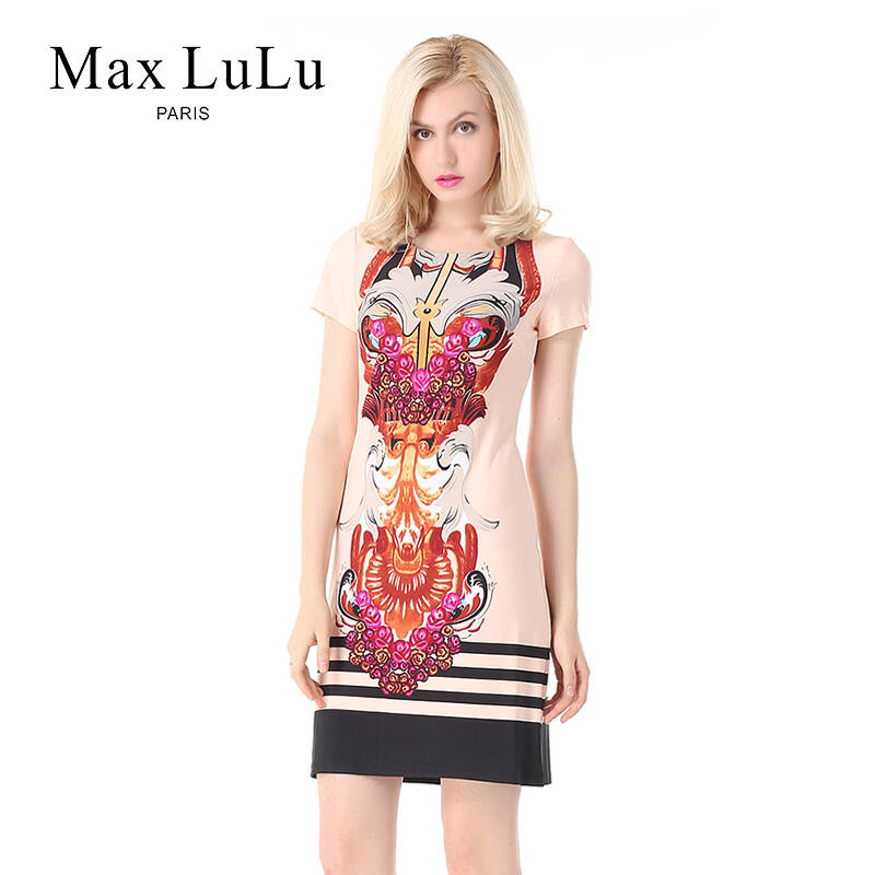 maxlulu 2013春夏新款正品欧美风时尚花色圆领短袖印花连衣裙大码zl2