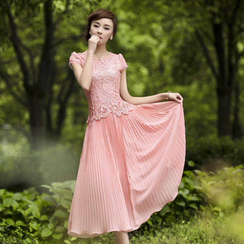 西子阁 2013新款夏装长裙 高端蕾丝连衣裙 asnh9537 粉色 m