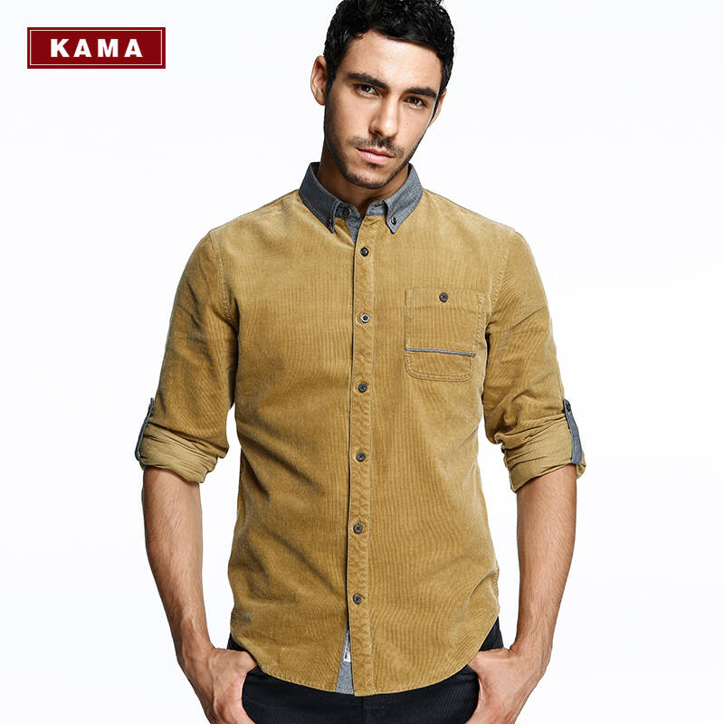 【秋季新品】卡玛kama 2013秋装男士牛仔拼接卷边袖衬衫 2313822