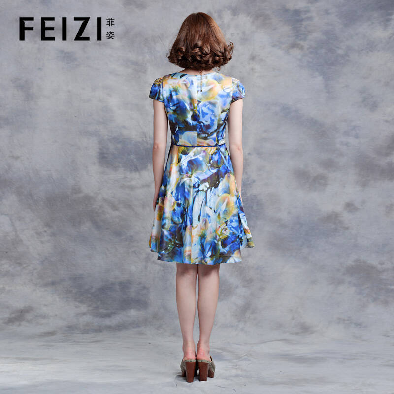 feizi菲姿2013 新款女装印花收腰优雅修身高腰连衣裙