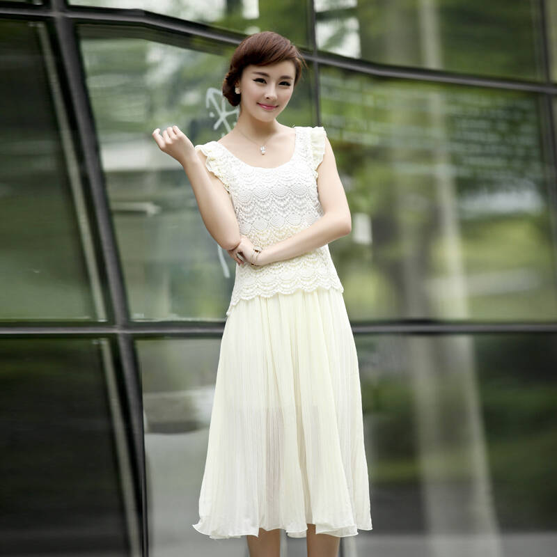时尚姐妹2013夏装新款淑女修身长款无袖圆领雪纺连衣裙百褶裙大摆裙